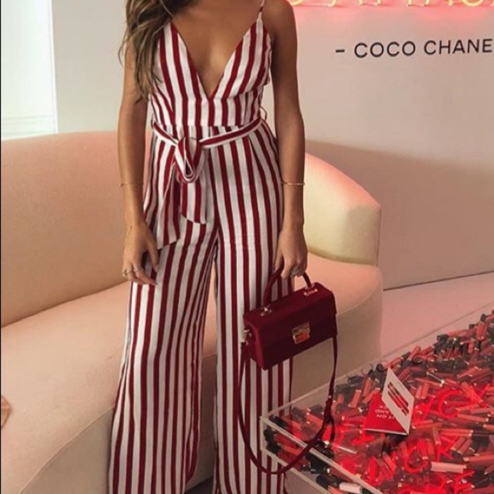 Missguided red stripe plunging jumpsuit